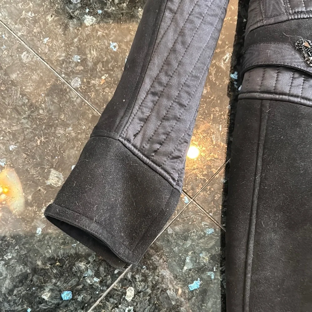 Roberto Cavalli Shearling Suede Black Fox Fur-Trimmed Women's Coat Size 48 - Picture 6 of 13